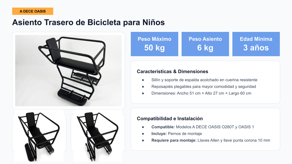 Ficha técnica del canasto para niños ADO: 50 kg máximo, 6 kg, desde 3 años, 51 × 27 × 60 cm