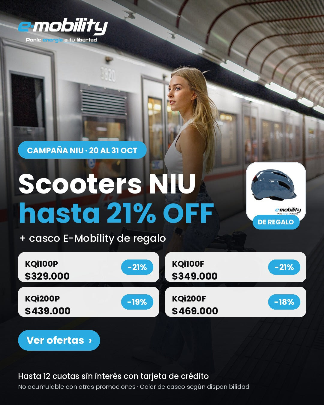 Mujer en el andén del metro junto a su scooter eléctrico NIU: Scooters NIU hasta 21% OFF + casco E-Mobility de regalo - E-Mobility Chile, Las Condes
