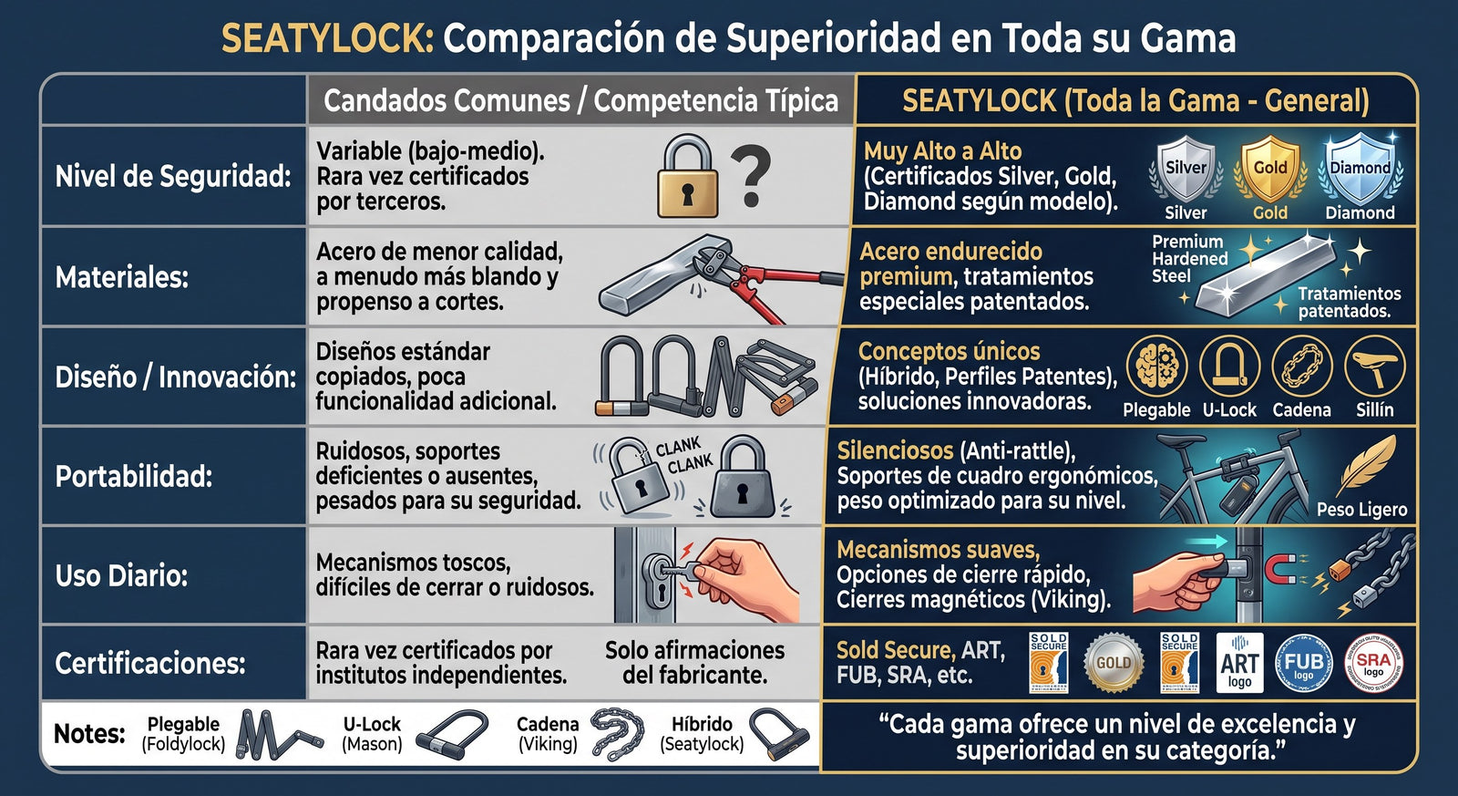 Comparación entre Seatylock y candados comunes. Nivel de seguridad: Seatylock certificado Silver, Gold o Diamond según modelo, frente a candados rara vez certificados por terceros. Materiales: acero endurecido premium con tratamientos patentados, frente a acero más blando y propenso a cortes. Diseño: conceptos propios plegable, U-Lock, cadena y sillín, frente a diseños estándar copiados. Portabilidad: silenciosos, con soportes de cuadro y peso optimizado. Uso diario: mecanismos suaves y cierres magnéticos. Certificaciones: Sold Secure, ART, FUB y SRA.