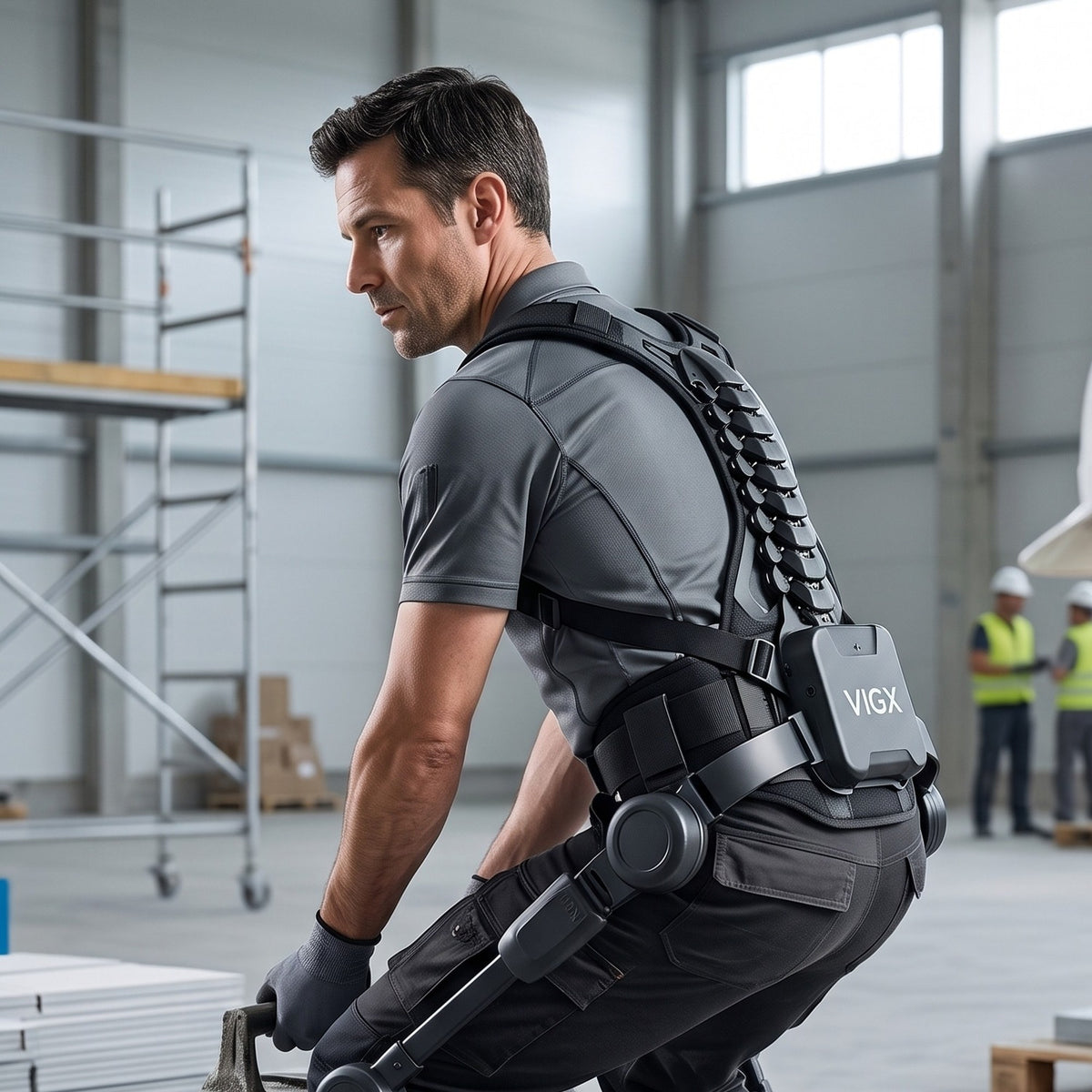 Operario levantando una pieza pesada en bodega con un Exoesqueleto Lumbar VIGX Q20 - E-Mobility Chile, Las Condes