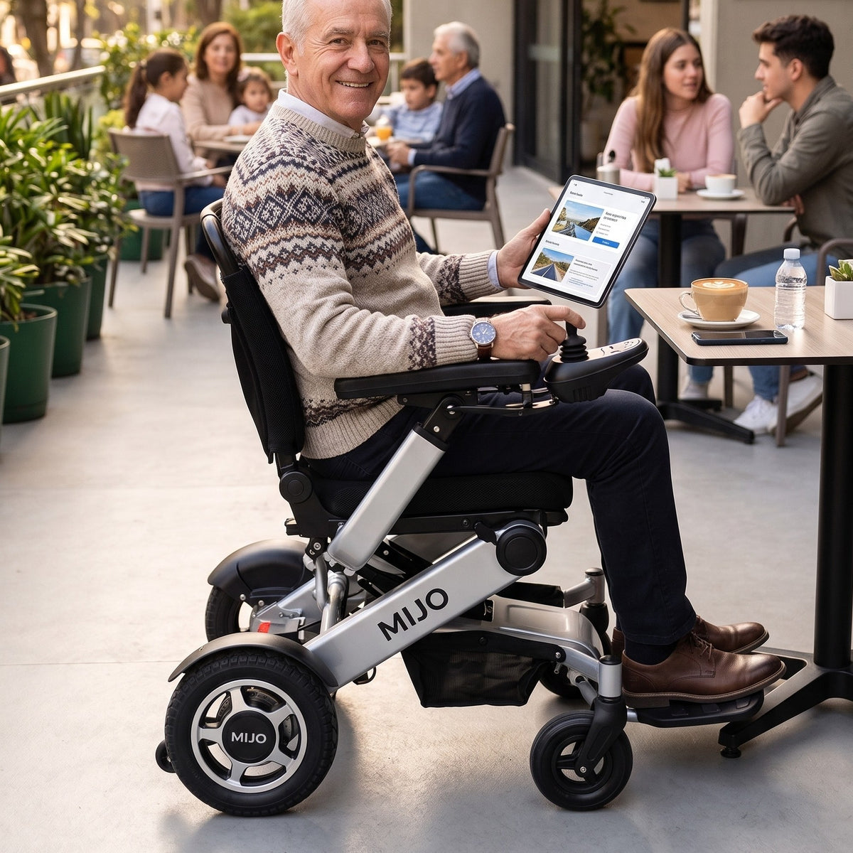 Hombre mayor en una terraza usando una Silla de Ruedas Eléctrica MIJO MD 08 plegable - E-Mobility Chile, Las Condes